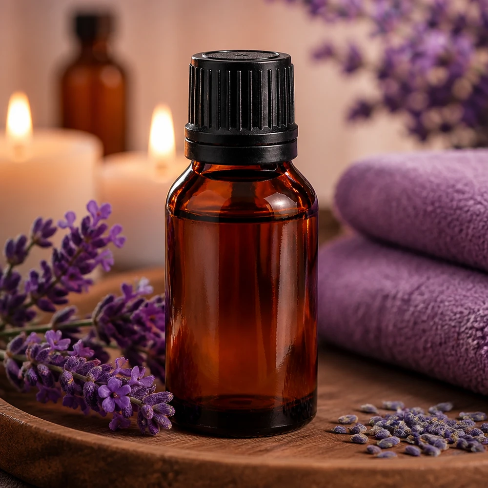 Bottiglia da farmacia marrone 15ml con tappo contagocce. Pr. 1mm nero OV Flacone in vetro ambrato da 15 ml con tappo contagocce nero, circondato da fiori di lavanda su un vassoio di legno