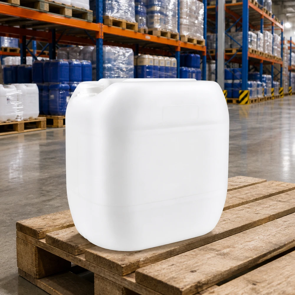 Tanica 30 litri senza tappo Tanica in plastica da 30 litri impilabile, senza tappo, su pallet di legno in magazzino