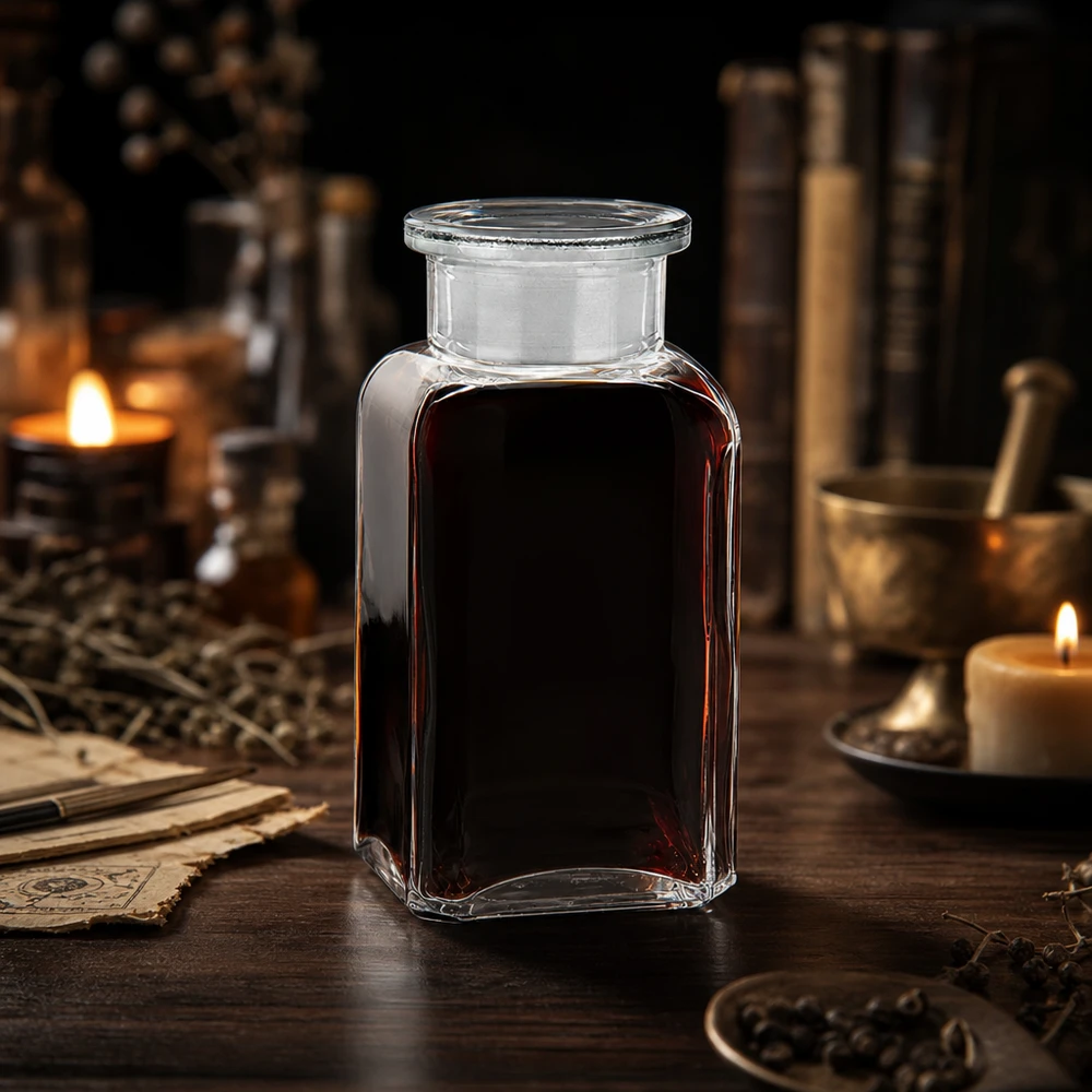 Bottiglia quadrata da 100 ml trasparente, contenente un estratto scuro, davanti a erbe aromatiche e libri antichi