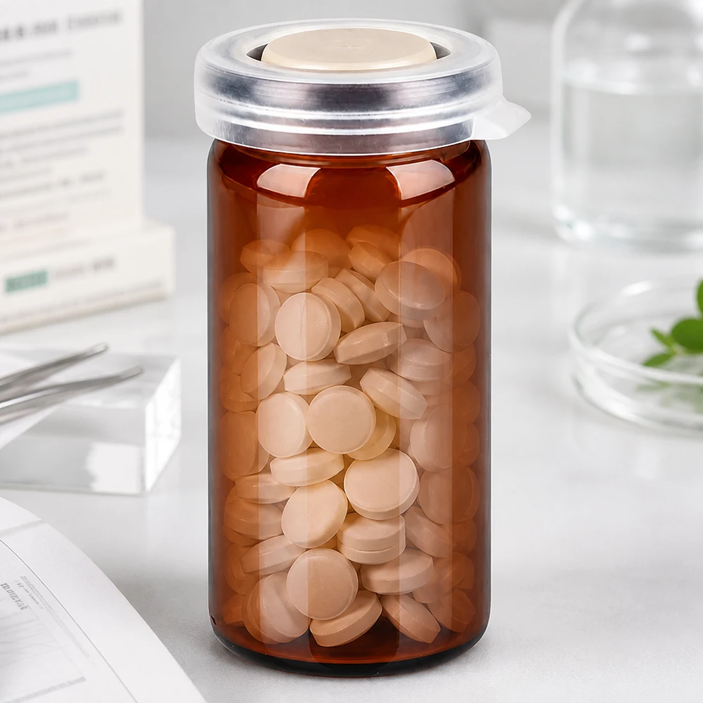 Vaso medico in vetro ambrato da 10 ml con coperchio a scatto trasparente, contenente compresse rotonde di colore chiaro