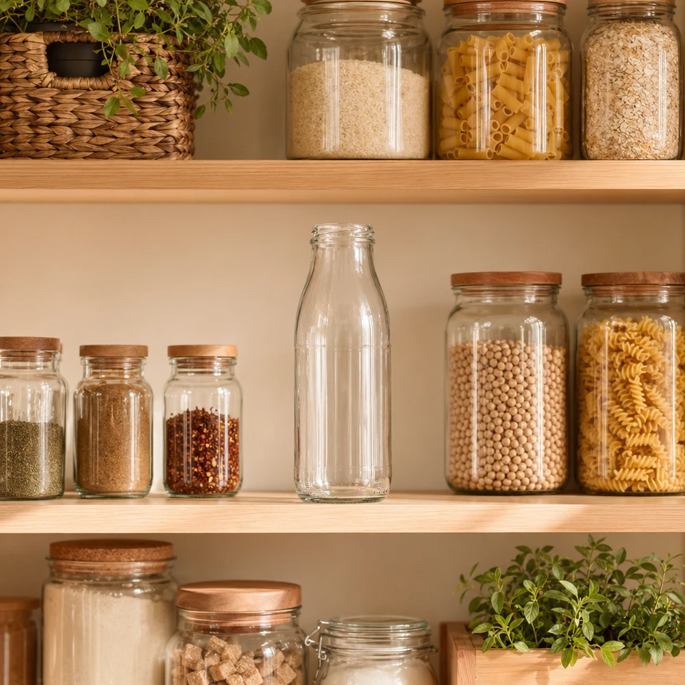 Bottiglia di vetro da 500 ml senza coperchio (TO48) UNiTWIST 500ml Glasflasche TO48 UNiTWIST in moderner Vorratsküche zwischen Gewürzgläsern und Pasta-Behältern auf Holzregalen