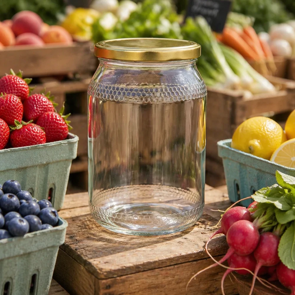 Vasetto per miele da 1260 g con capsula dorata BasicSeal UNiTWIST Vaso per miele da 900 ml vuoto con coperchio BasicSeal oro tra frutta e verdura fresca - versatile vaso di conservazione