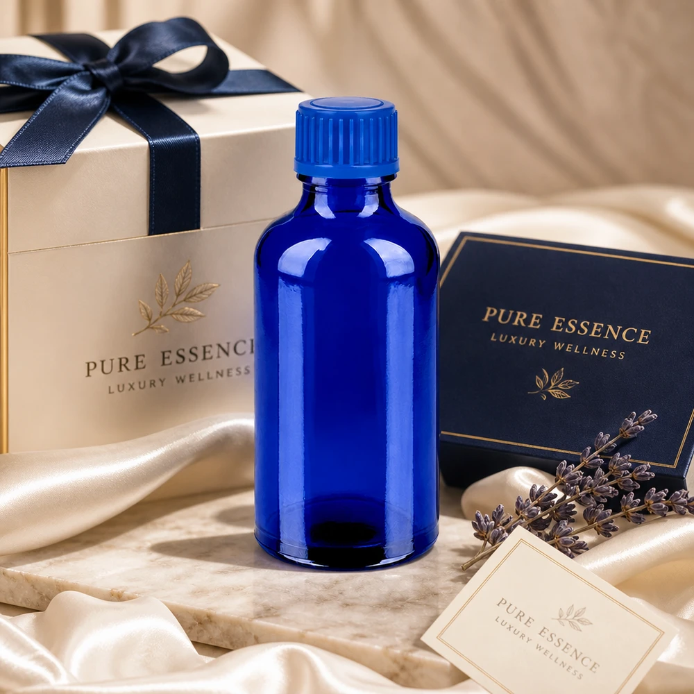 Bottiglia da 50ml 11mm SV blu STD BlueLine UT18/50 Flacone in vetro blu premium da 50 ml con tappo STD per prodotti di bellezza e benessere