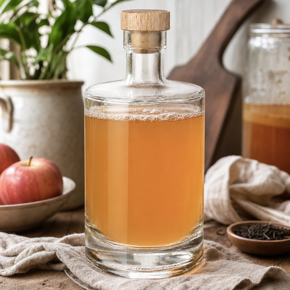Bottiglia in vetro da 500 ml 500ml Glasflasche "Marie" mit Holzgriff-Korken UNiTWIST con tappo in sughero con impugnatura in legno UNiTWIST® Bottiglia in vetro da 500 ml Marie riempita di liquore alle mele - tappo in legno UNiTWIST - Natura morta in cucina con mele e spezie