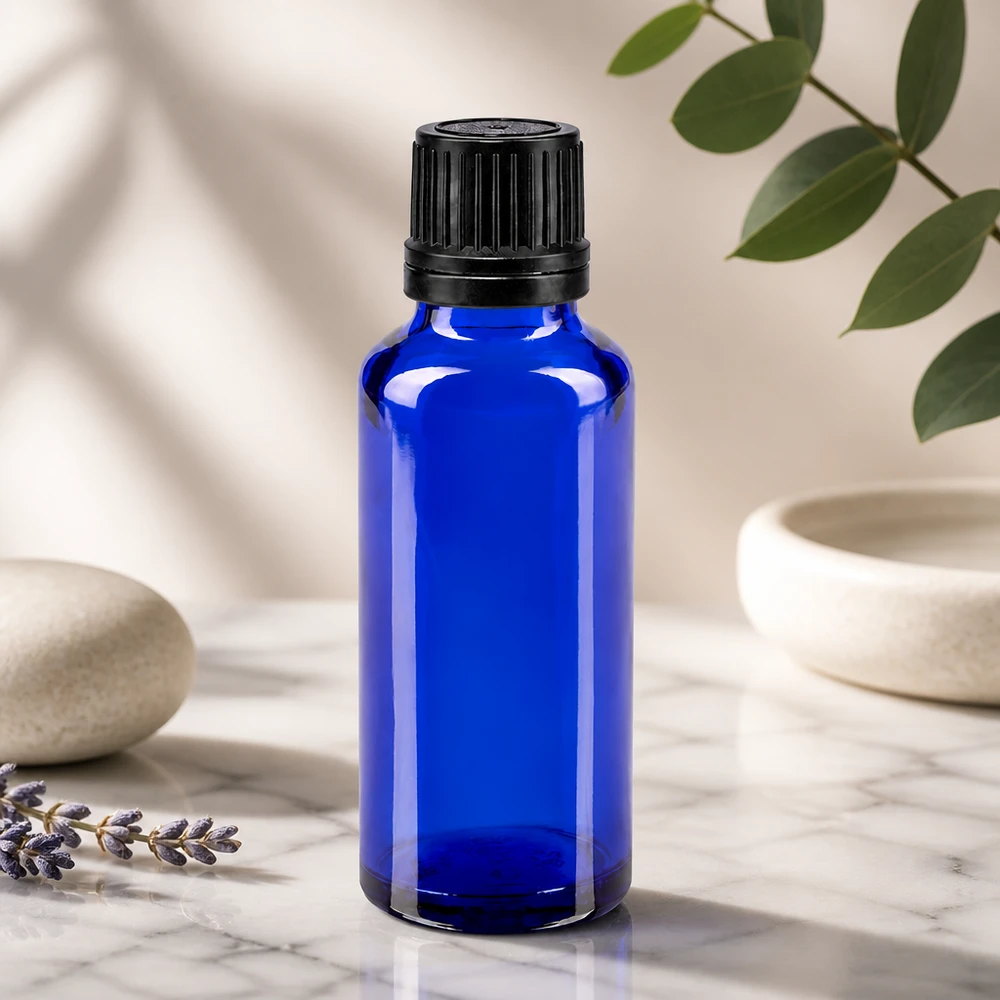 Fiaschetta in vetro da farmacia da 30 ml color blu cobalto con tappo di sicurezza nero scanalato su fondo marmorizzato