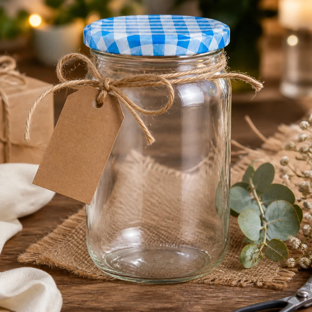 Barattolo rotondo da 1062 ml + coperchio BasicSeal blu/bianco UNiTWIST. Barattolo rotondo da 1062 ml vuoto con etichetta regalo e cordoncino di iuta, coperchio BasicSeal blu e bianco, presentazione decorativa