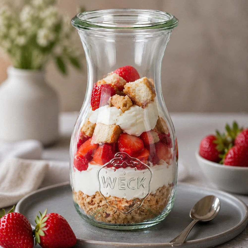 Bottiglia di succo WECK 290ml RR60 come barattolo da dessert con fragole, panna e biscotti decorati su un piatto grigio