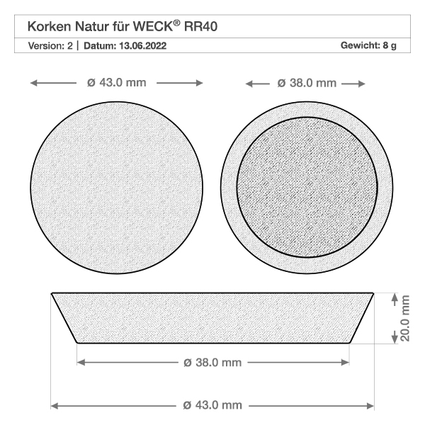 Sughero per apertura 40mm WECK RR40 (ø38/43, H=20mm) Disegno tecnico del tappo in sughero WECK RR40 con dimensioni 38mm 43mm diametro 20mm altezza Tappo in sughero naturale