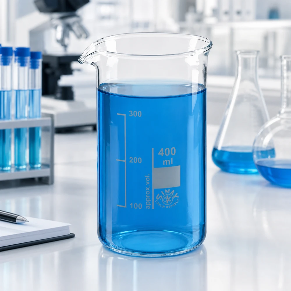 Foto di laboratorio: becher da 400 ml di forma alta contenente un liquido blu su un tavolo da laboratorio bianco