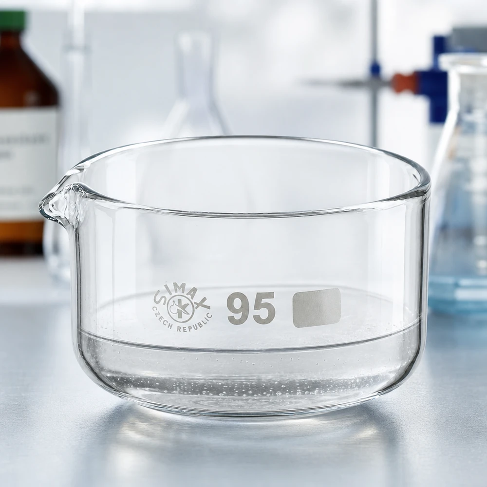 Piatto per cristallizzazione da 300 ml con beccuccio Bo.. ø95mm Vaschetta di cristallizzazione trasparente vuota da 300 ml, vetro borosilicato, beccuccio ø 95 mm, da laboratorio SIMAX, Repubblica Ceca