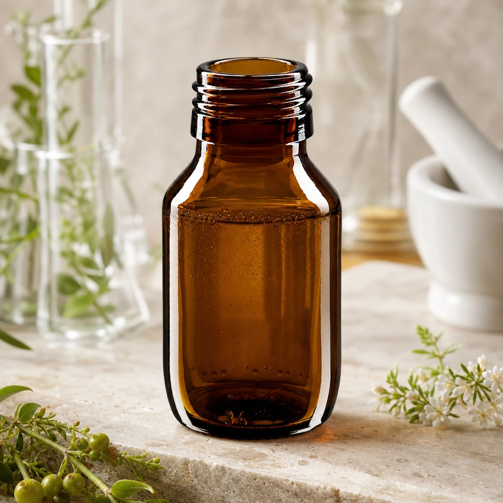 Flacone per medicinali da 50ml marrone, senza tappo PP28 ApoGlas Nachhaltige 50ml Medizinflasche aus recycelbarem Braunglas PP28 Thread ApoGlas Design