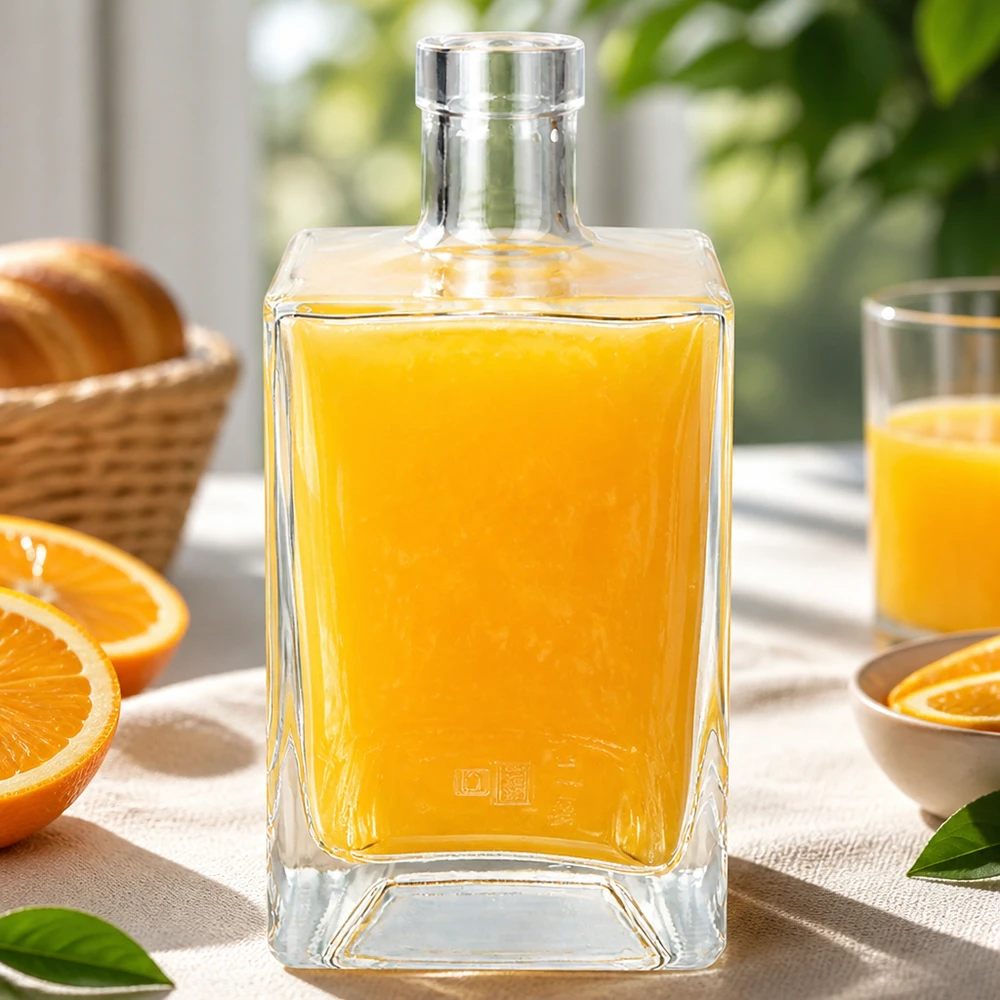 Flacone in vetro da 700 ml Ben senza tappo UNiTWIST® Bottiglia di vetro da 700 ml di Ben riempita di succo d'arancia su un tavolo da colazione apparecchiato con arance fresche e pasticcini