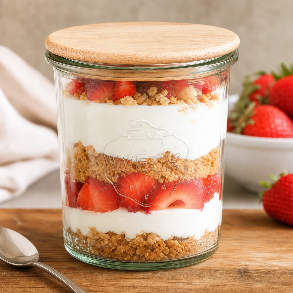 Vaso WECK 160ml RR60 con coperchio in bambù riempito di dessert alla fragola Dessert a strati in vaso da conserva Tavolo da cucina