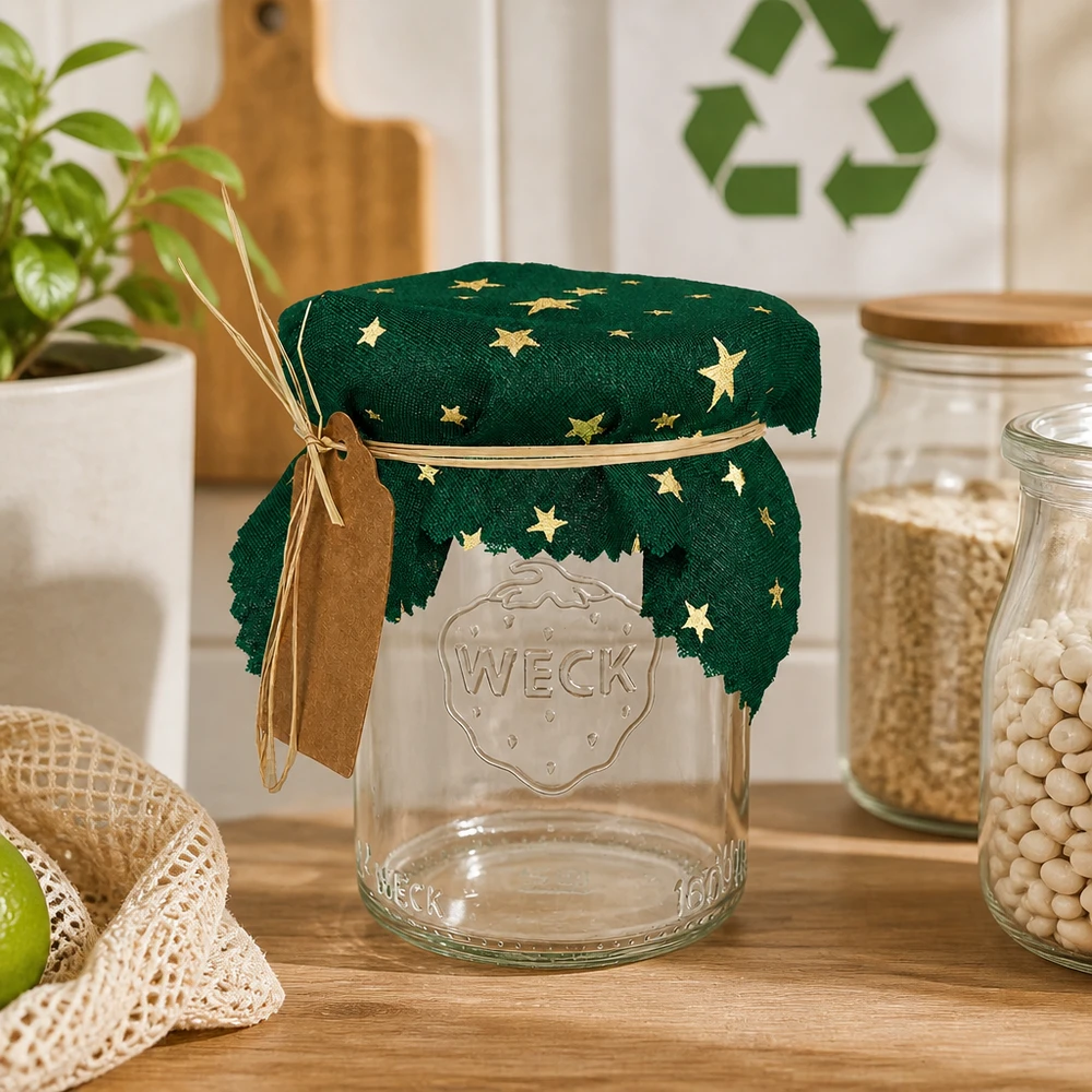 Centrino a stella verde con nastro di rafia e ciondolo su vaso Weck in cucina sostenibile 12 cm quadrati