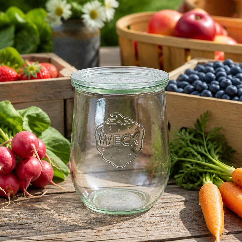 WECK vaso a tulipano 1062ml coperchio in vetro RR100 Conservazione di frutta fresca verdure ravanelli carote mirtilli tavolo in legno