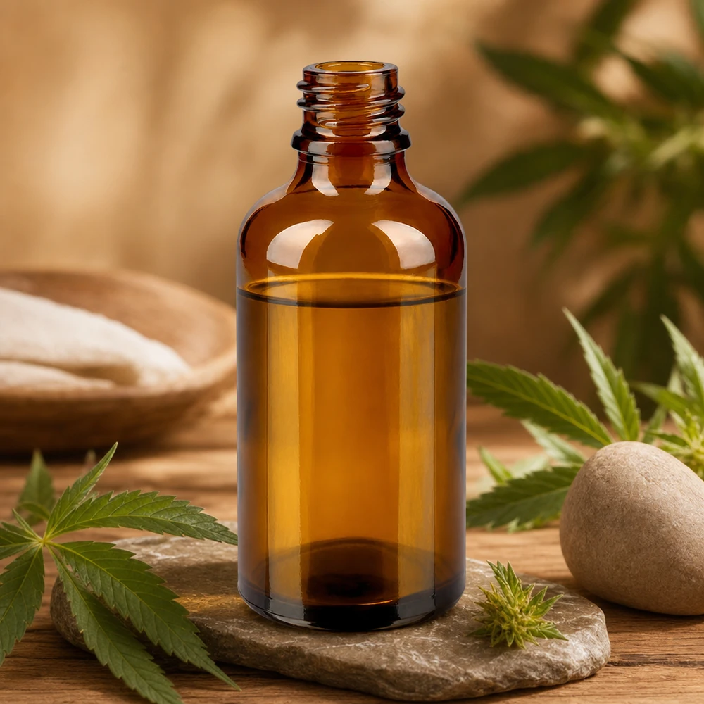 Bottiglia da farmacia ApoGlas marrone da 50 ml su piastra in pietra con foglie di cannabis e prodotti naturali Ambiente spa