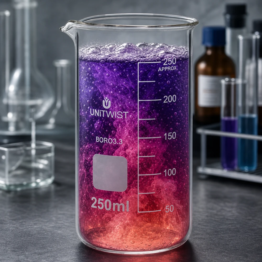 UNITWIST Bicchiere da laboratorio da 250 ml, modello alto, con liquido di reazione rosso violaceo e formazione di bolle