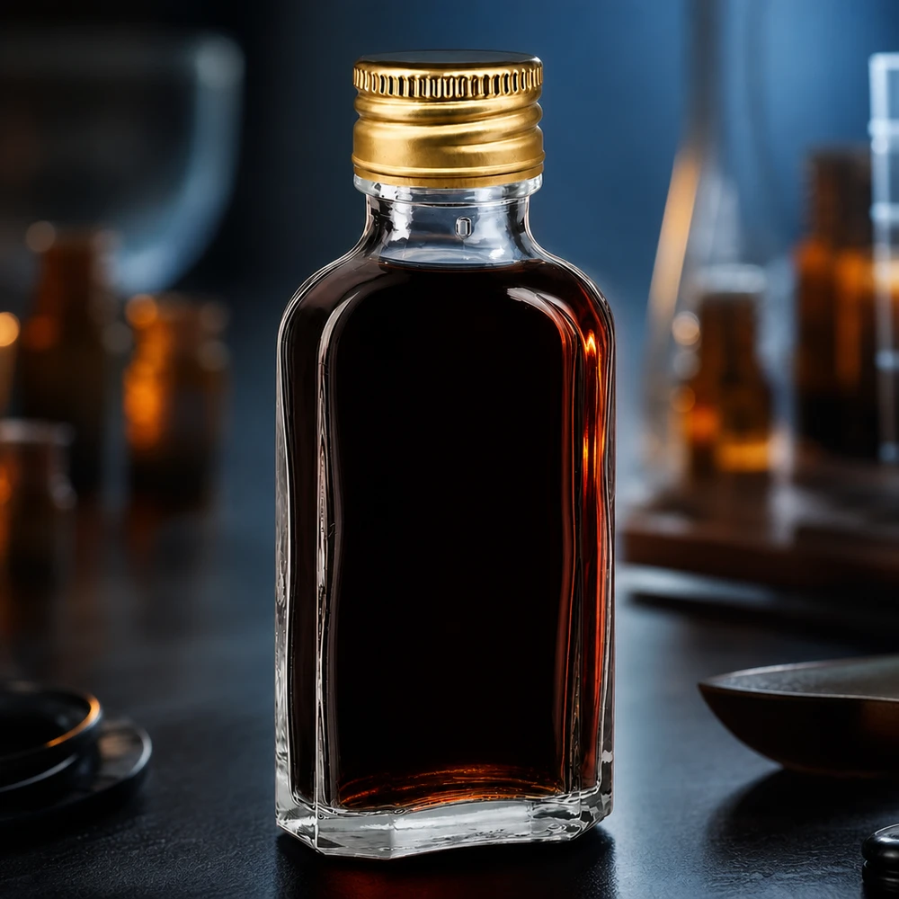 50 ml Meplat trasparente con tappo in alluminio oro PP22 Fiaschetta da 50 ml Meplat in vetro trasparente con contenuto marrone scuro e tappo a vite in alluminio dorato PP22