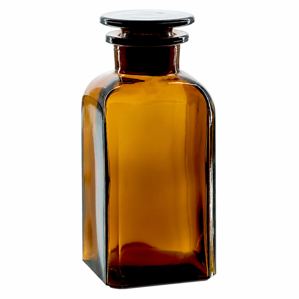 Bottiglia quadrata 350ml marrone con tappo in vetro a collo largo Fiaschetta quadrata da 350 ml, marrone, con tappo in vetro borosilicato di alta qualità, per laboratorio e farmacia