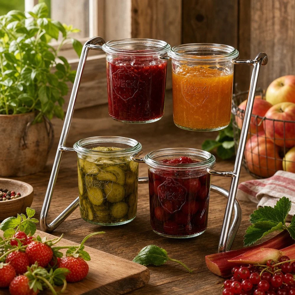 Flato4 portaoggetti con vasetti WECK pieni - marmellate e sottaceti serviti con stile in un supporto in acciaio cromato