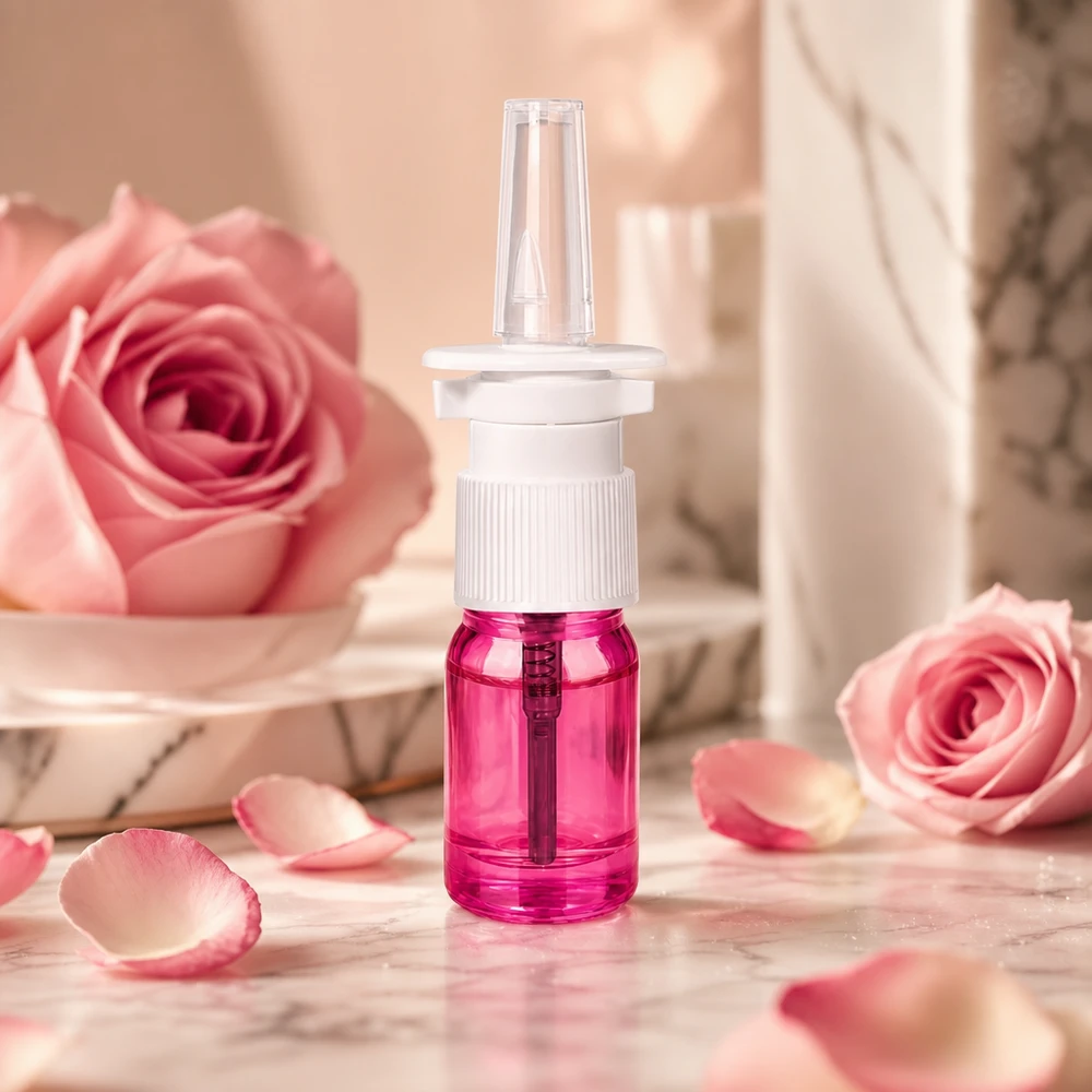 Flacone spray nasale da 5 ml bianco/trasparente standard PurpleLine UT18/5 Flacone medico a pompa da 5 ml con corpo viola e testina ergonomica per l'area nasale