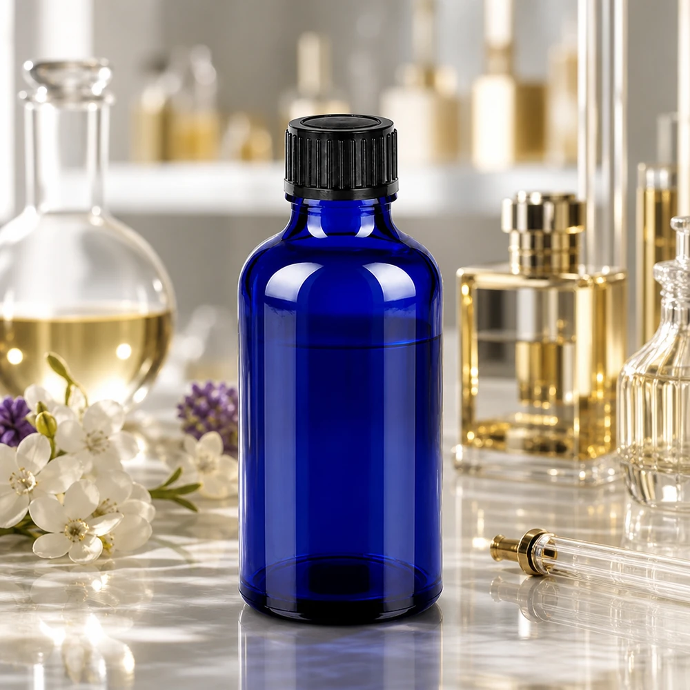 Bottiglia da 50ml 11mm SV nero OV BlueLine UT18/50 Bottiglia compatta in vetro da 50 ml con tappo nero antimanomissione per la conservazione sicura dei liquidi