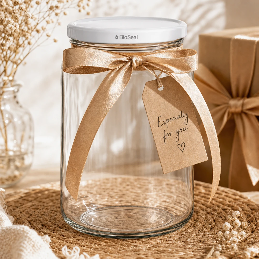 UNiTWIST Runda382 con coperchio bianco TO66 BioSeal UNiTWIST Runda382 confezione regalo con fiocco dorato e targhetta - barattolo decorativo per conserve con BioSeal Dec bianco