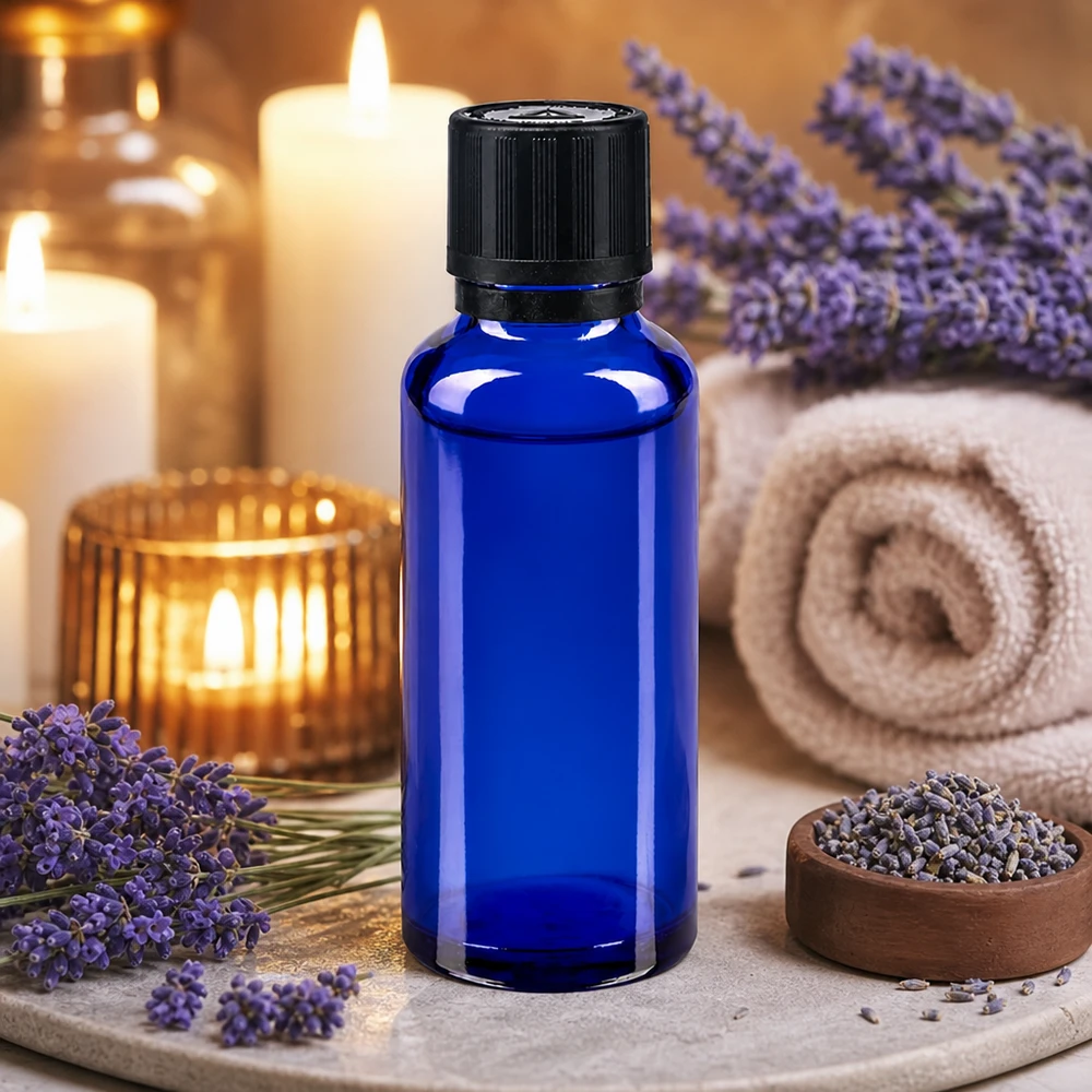 Flacone di vetro blu da 30 ml con contagocce, in un’atmosfera da spa con fiori di lavanda e candele