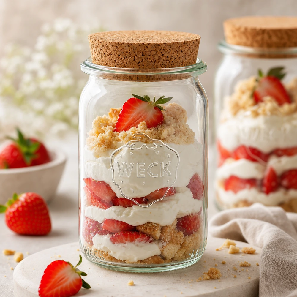 Barattolo cilindrico da 145 ml WECK RR40 con tappo in sughero naturale WECK barattolo per conserve 145ml con coperchio in sughero può essere utilizzato come barattolo per dolci con crostata di fragole e tiramisù a strati in barattolo