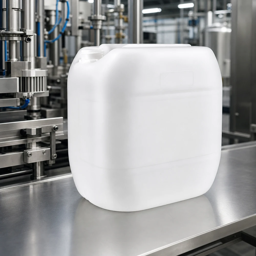 Tanica 30 litri senza tappo Tanica industriale da 30 litri senza tappo su un tavolo in acciaio inossidabile in un moderno impianto di riempimento