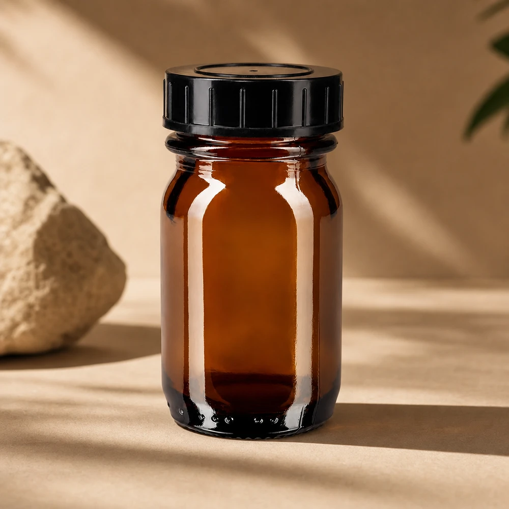 Bottiglia a collo largo da 30 ml in vetro ambrato con tappo a vite Bottiglia piccola in vetro ambrato da 30 ml con ampia apertura per facilitare il riempimento e lo svuotamento.