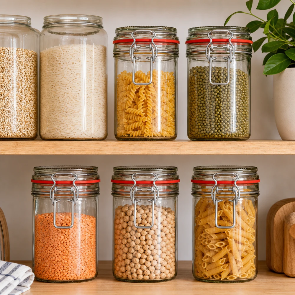 Barattolo da 272 ml, tipo G, con chiusura a clip UN.. Barattoli con coperchio girevole riempiti di pasta riso lenticchie ceci dispensa cucina organizzata