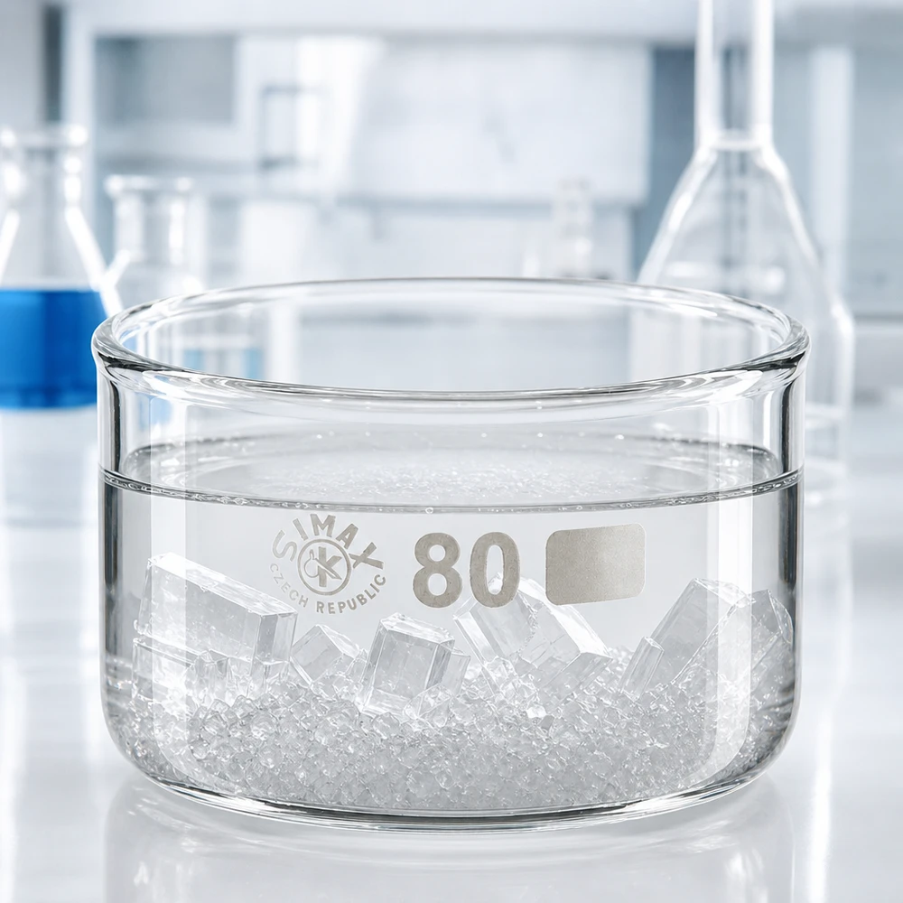 Piatto per cristallizzazione da 150 ml senza beccuccio Bo. ø80mm Ciotola piatta in vetro con cristalli e acqua da laboratorio, diametro 80 mm, SIMAX, 150 ml