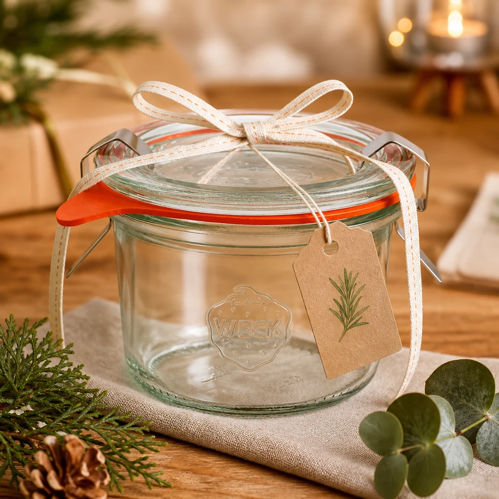 Bicchieri WECK RR60 da 80 ml in confezione regalo con nastro ed etichetta in un'accogliente decorazione natalizia