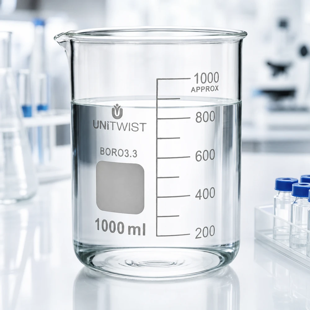 Bicchiere da 1000 ml in borosilicato, stampo basso UNiTWIST Bicchiere da laboratorio UNiTWIST da 1000 ml in borosilicato 3.3, di forma bassa, riempito d'acqua su un tavolo da laboratorio