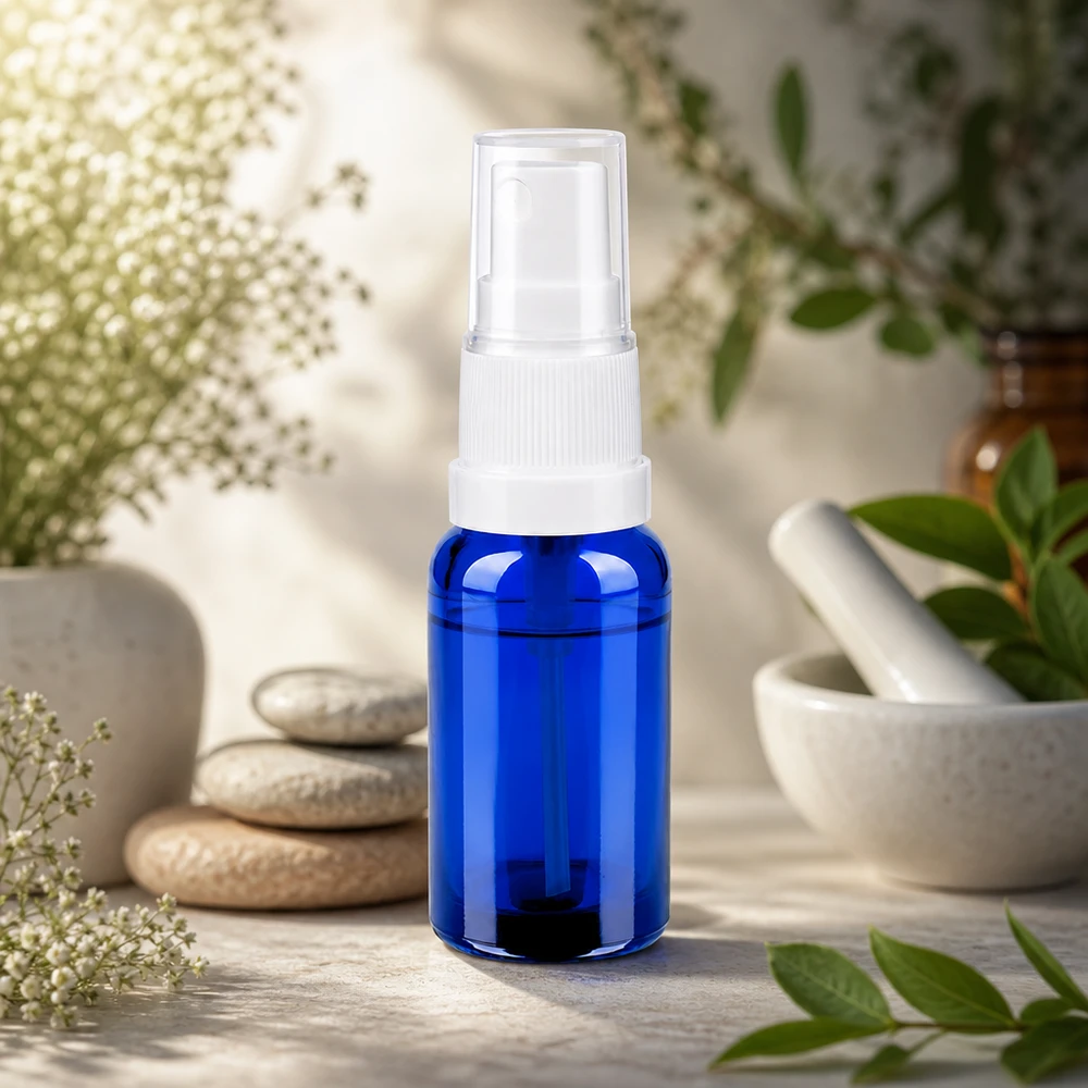 Flacone spray da 20 ml bianco/trasparente STD BlueLine UT18/20 Piccolo flacone spray in vetro blu da 20 ml con distribuzione uniforme per miscele di oli essenziali