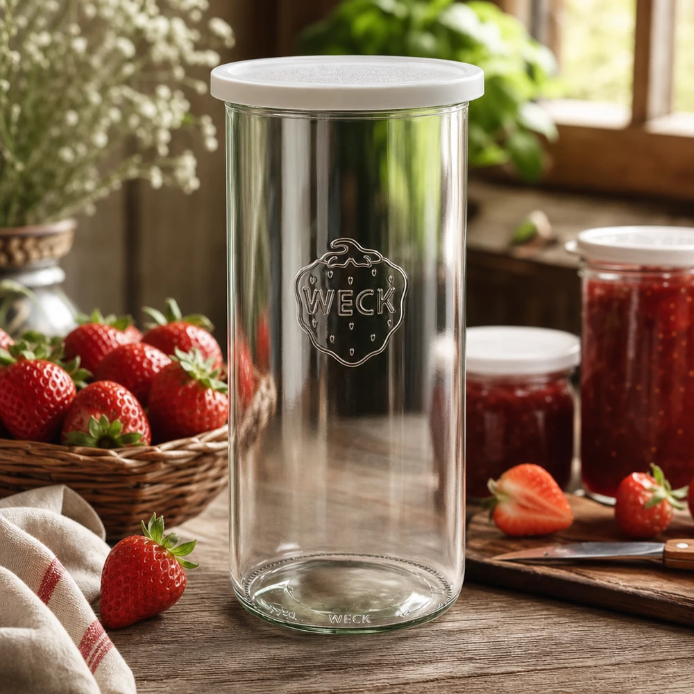 Barattolo WECK 1500ml RR100 in una cucina rustica con fragole e barattoli di marmellata come scatto di stile.