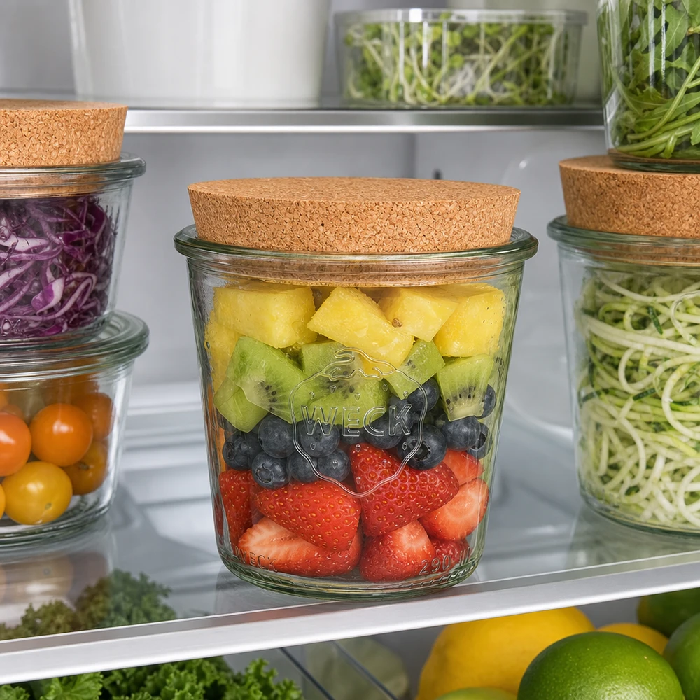 Bicchieri WECK da 290 ml RR80 con coperchio in sughero per conservare la frutta fresca in frigorifero Meal Prep