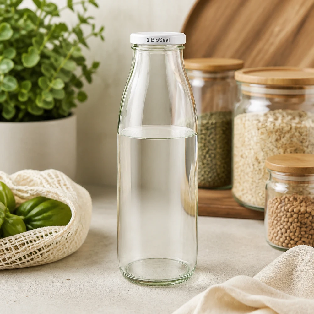 Bottiglia di vetro da 500 ml + coperchio BioSeal bianco UN.. 500ml Glasflasche leer mit weißem BioSeal Deckel in nachhaltiger Küche zwischen Vorratsgläsern und Bio-Gemüse