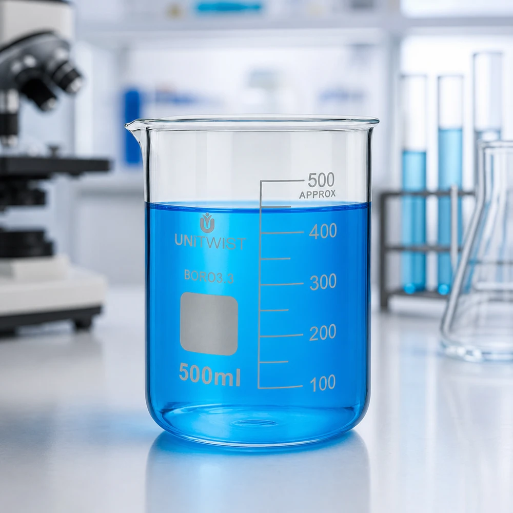 Bicchiere da laboratorio UNiTWIST da 500 ml, forma bassa, riempito con liquido blu fino al segno dei 450 ml