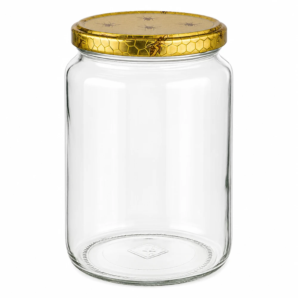 Vasetto per miele da 1000 g con capsula con motivo a favo BasicSeal UNiTWIST Vaso da miele vuoto in vetro da 1000 g con coperchio a nido d'ape dorato e motivo ape per barattolo di stoccaggio miele apicoltura