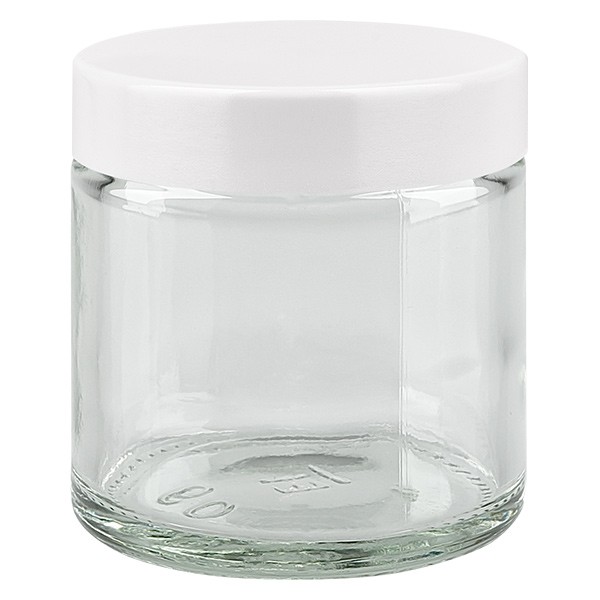 Barattolo in vetro trasparente da 60 ml con coperchio in bachelite bianca ApoGlas Barattolo in vetro trasparente da 60 ml con coperchio in bachelite bianca ApoGlas