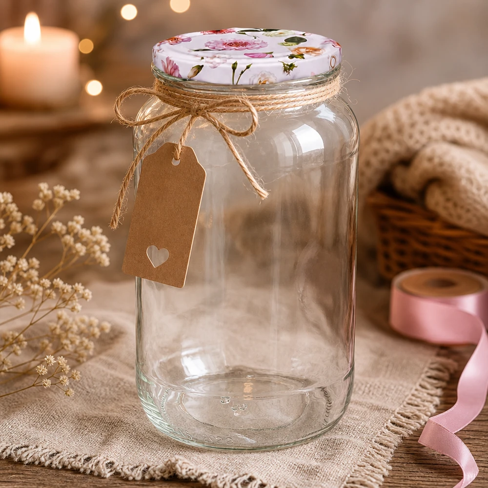 Barattolo rotondo da 1062 ml + coperchio BasicSeal rosa fiore UNiTWIST Barattolo decorativo rotondo da 1062 ml con coperchio a fiore rosa BasicSeal e etichetta regalo Presentazione rustica