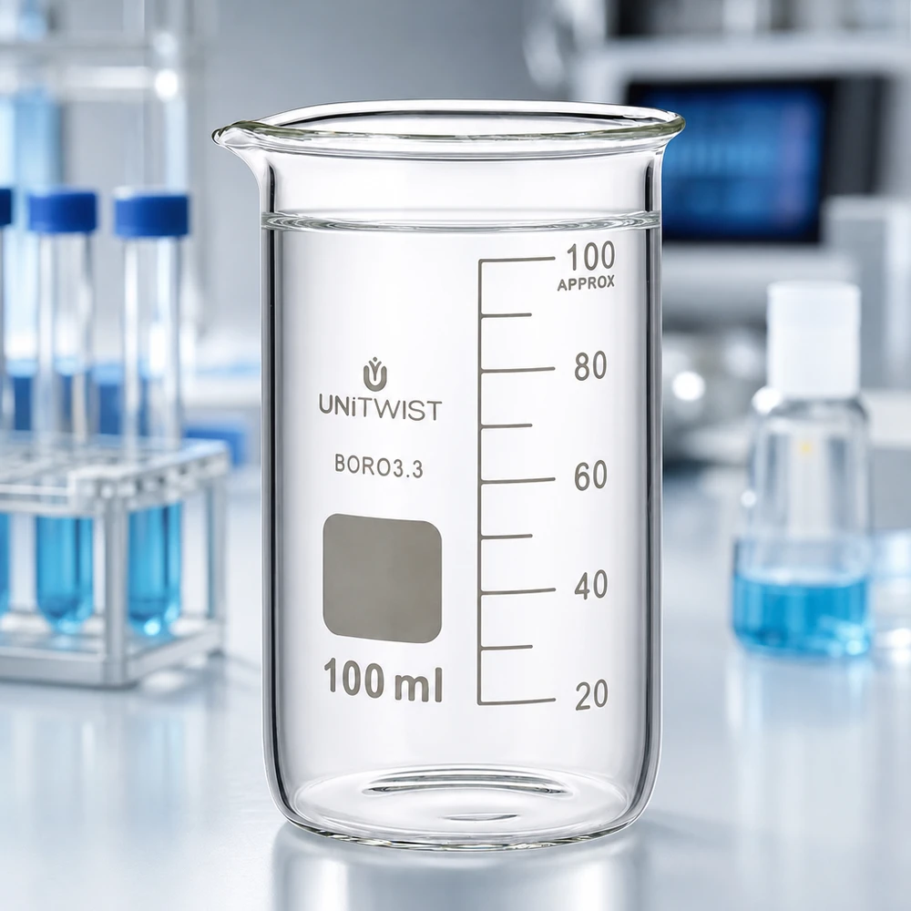 Becher vuoto da 100 ml, forma alta, borosilicato 3.3 UNITWIST con spazio per l'etichettatura su un banco da laboratorio bianco