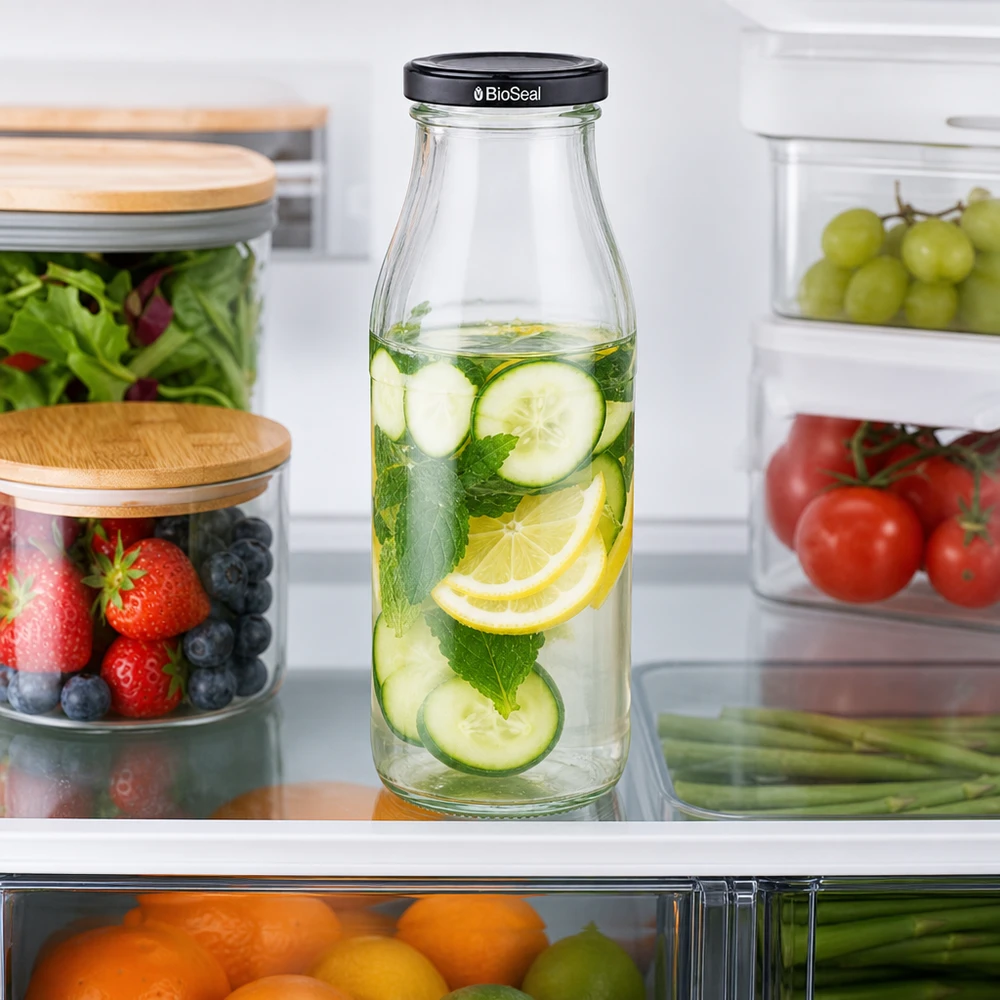 Bottiglia di vetro da 500 ml + coperchio BioSeal nero UN.. Bottiglia di vetro da 500 ml di acqua infusa al cetriolo e limone in frigorifero, accanto agli alimenti freschi nei contenitori di conservazione.
