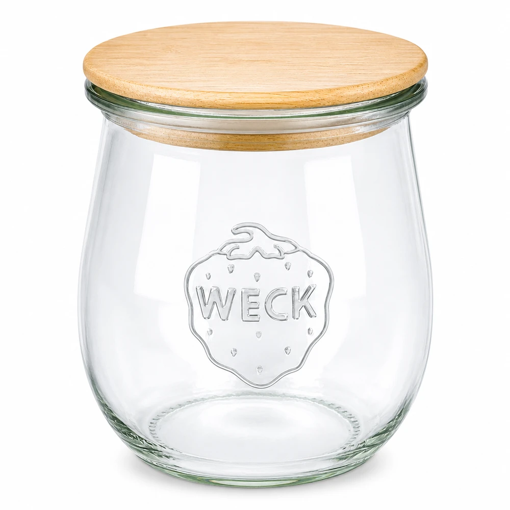 Vaso per tulipani da 220 ml WECK RR60 con coperchio in legno WECK vaso a tulipano 220ml RR60 con coperchio in legno - vaso per conserve in vetro con coperchio in bambù per cucina e conservazione