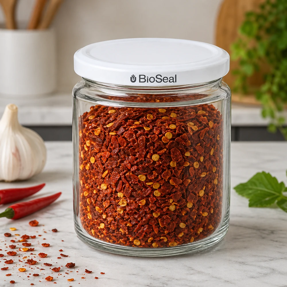 Vasetto per miele da 350 g con capsula bianca BioSeal UNiTWIST Vasetto di miele da 250 ml con coperchio BioSeal riempito di miscela di spezie al peperoncino come contenitore da cucina su piano di marmo