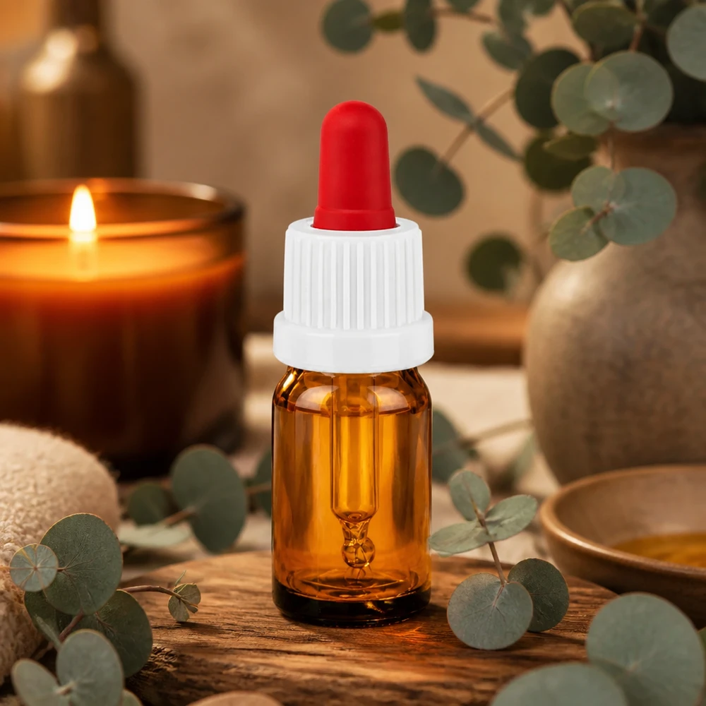Bottiglia per pipette da 5 ml bianco/rosso OV BrownLine UT18/5 Flacone a pipetta da 5 ml in vetro ambrato con tappo bianco-rosso per oli essenziali