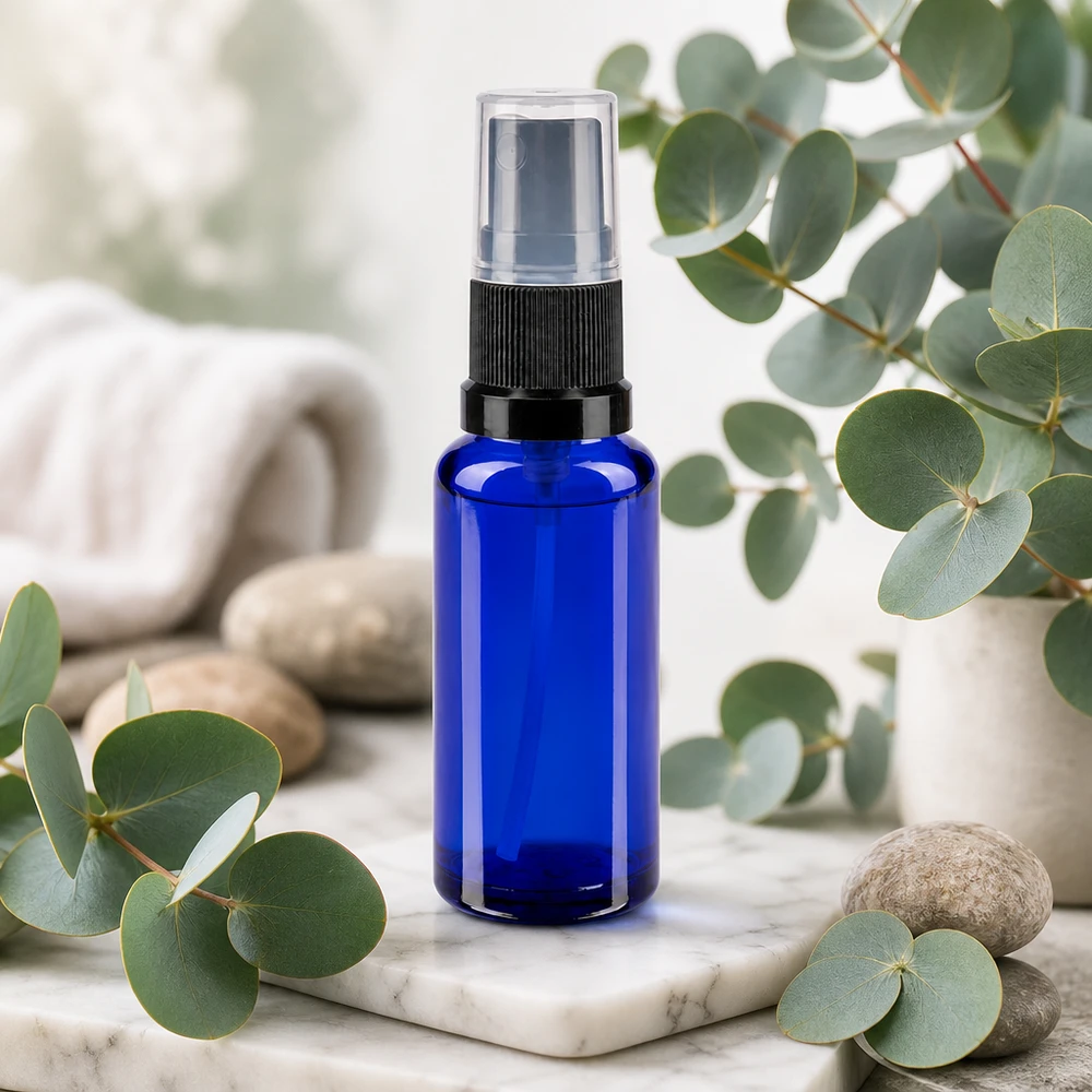 Flacone spray blu da 30 ml. STD nero/trasp. apoGlas Flacone spray in vetro da 30 ml color blu cobalto con tappo protettivo trasparente, circondato da ramoscelli di eucalipto