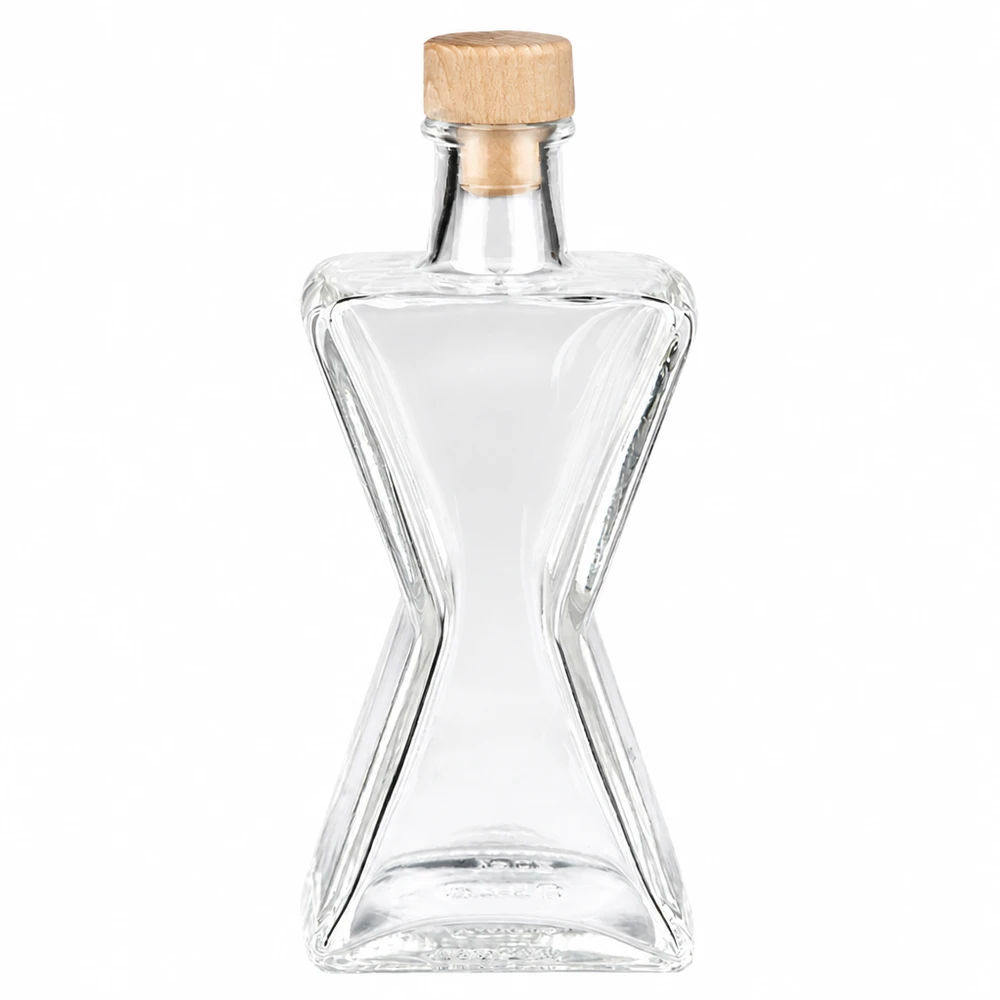 Bottiglia in vetro da 200 ml Star con tappo in sughero con impugnatura in legno UNiTWIST® Bottiglia in vetro da 200 ml Star con manico in legno e tappo in sughero UNiTWIST - elegante bottiglia a forma di stella in vetro trasparente con tappo in legno